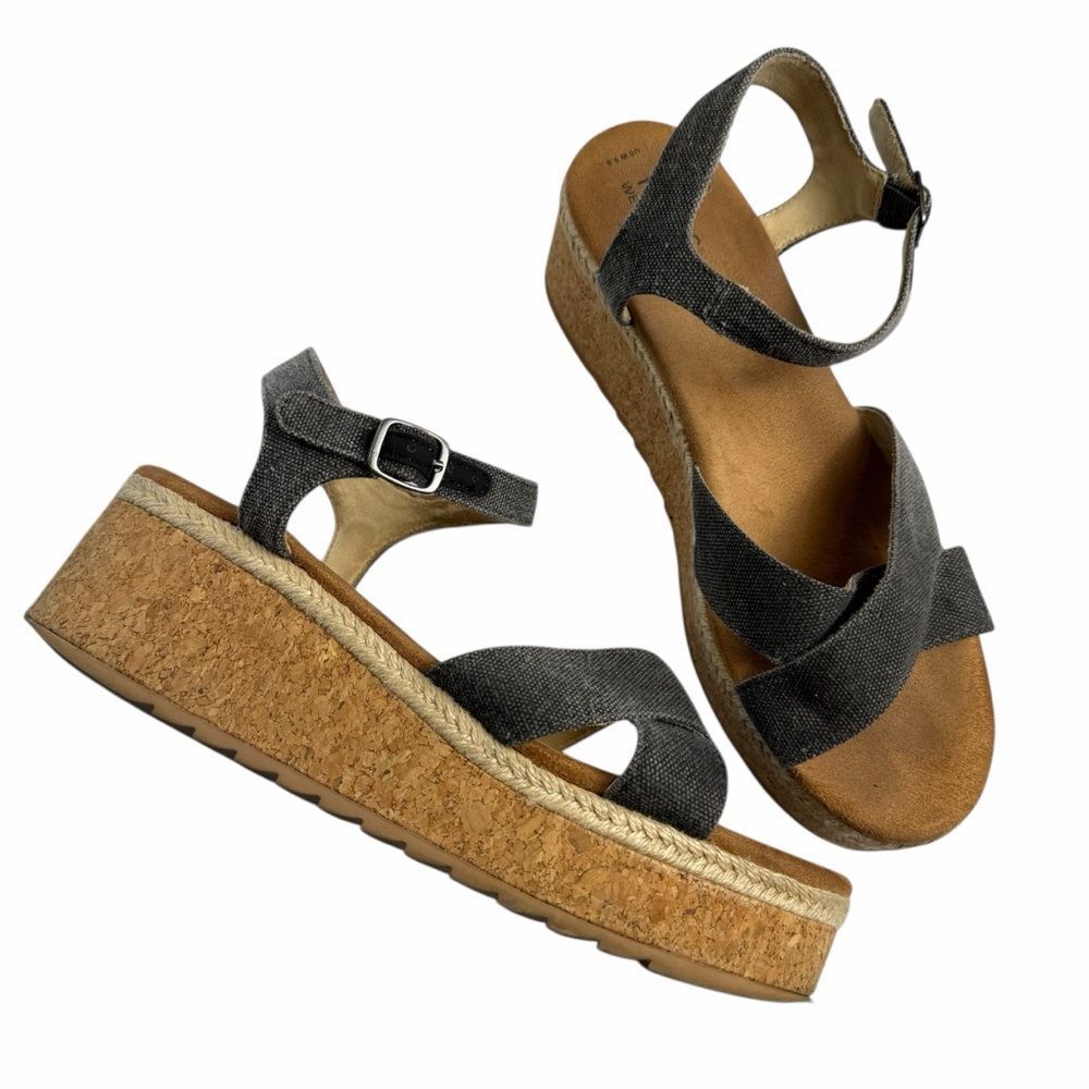 TOMS Platform chambray denim Sandal Criss Cross Open Toe cork platform 9.5